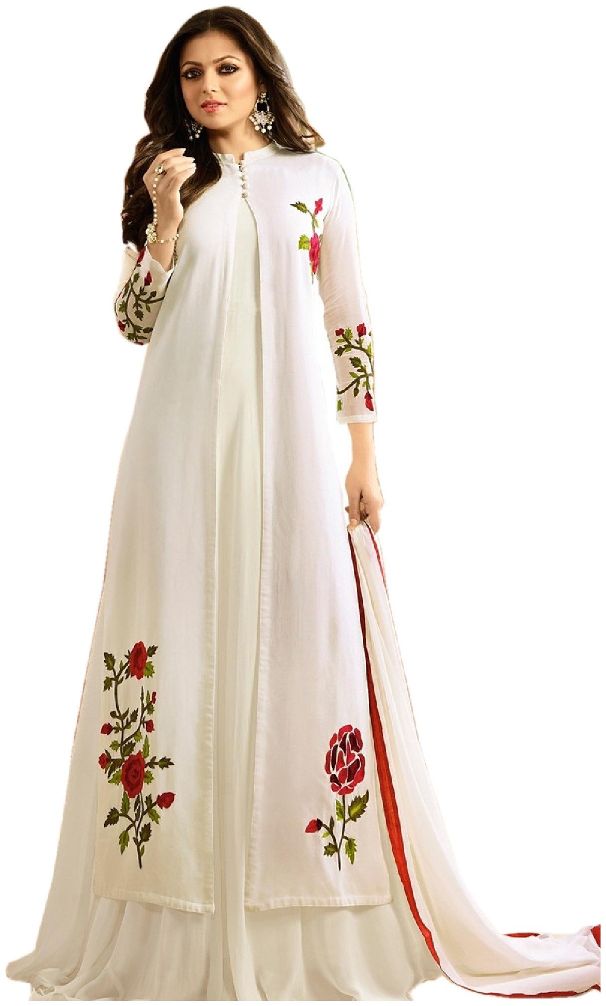 

YOYO fashion Whte Designer Latest Faux Georgette Embroidred Indo-Western