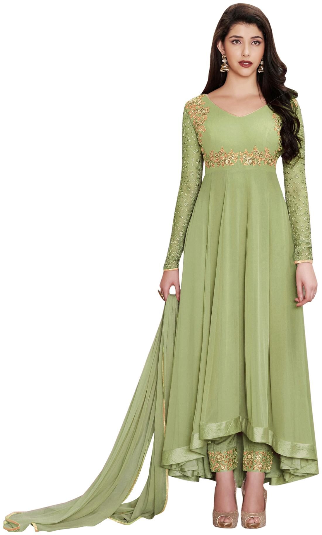 

YOYO Fashion Faux Georgette Green Anarkali Semi-Stitched Salwar Suit With Dupatta