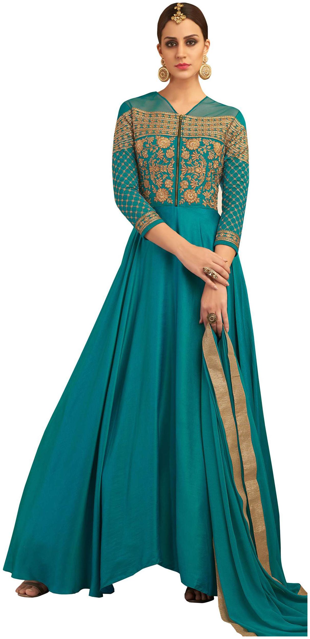 

YOYO Fashion Designer Magic Silk Turquoise Semi-stitched Anarkali Gown