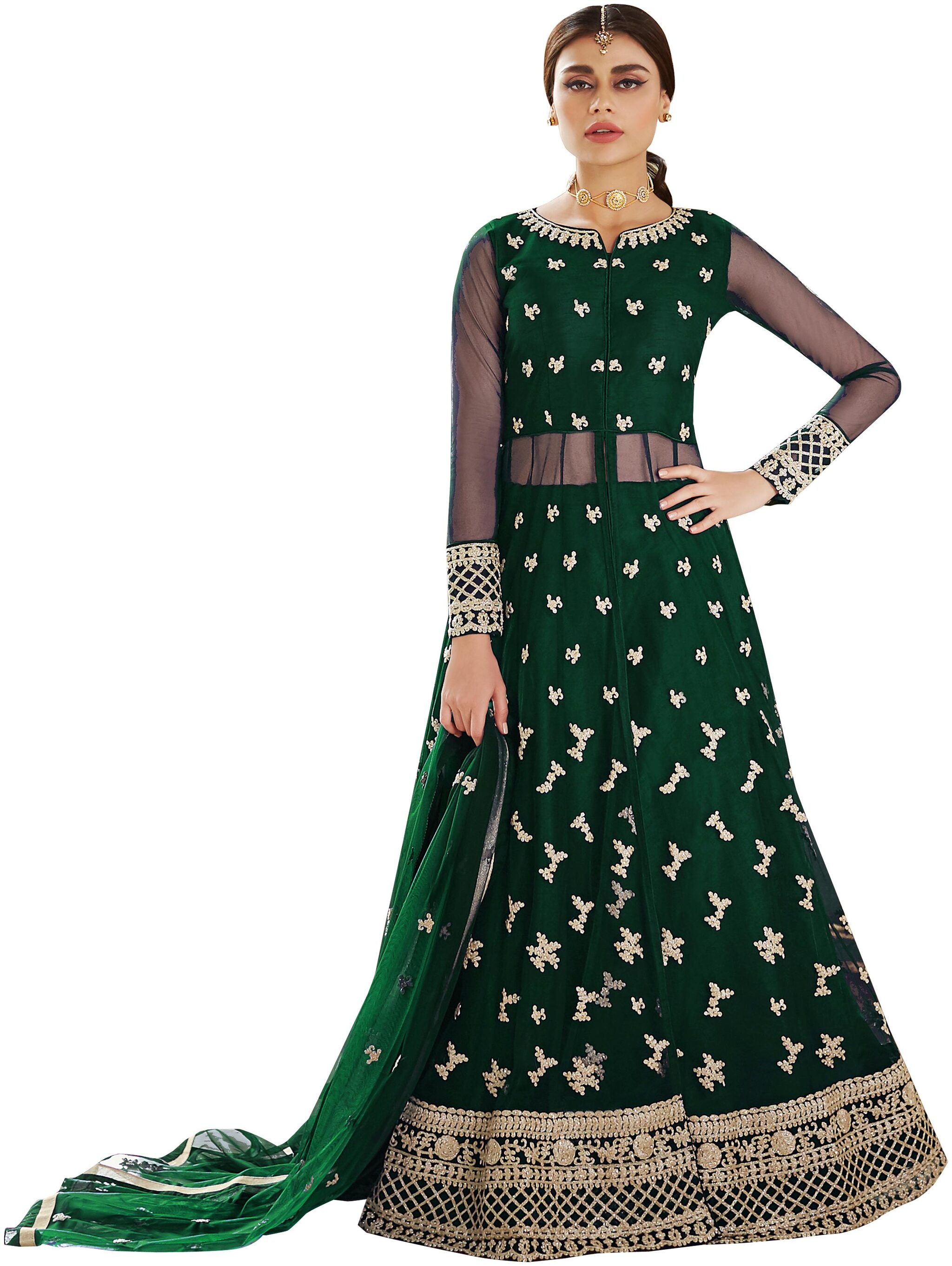 

YOYO Fashion Professional Green Net Embroidered Dress Bottom With Dupatta Material Green