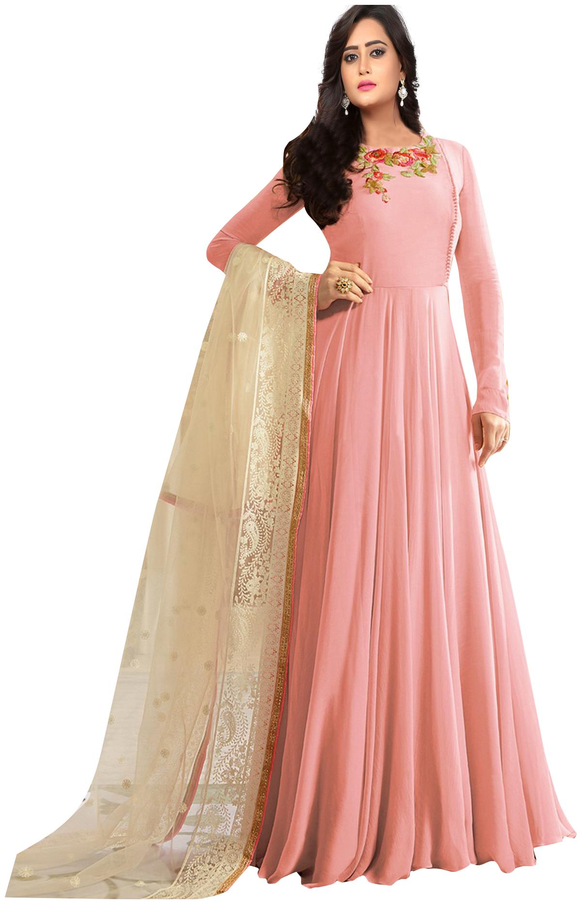 

YOYO Fashion Faux Georgette Pink Embroidered Amrella Cut Anarkali Semi-Stitched Salwar Suits With Dupatta