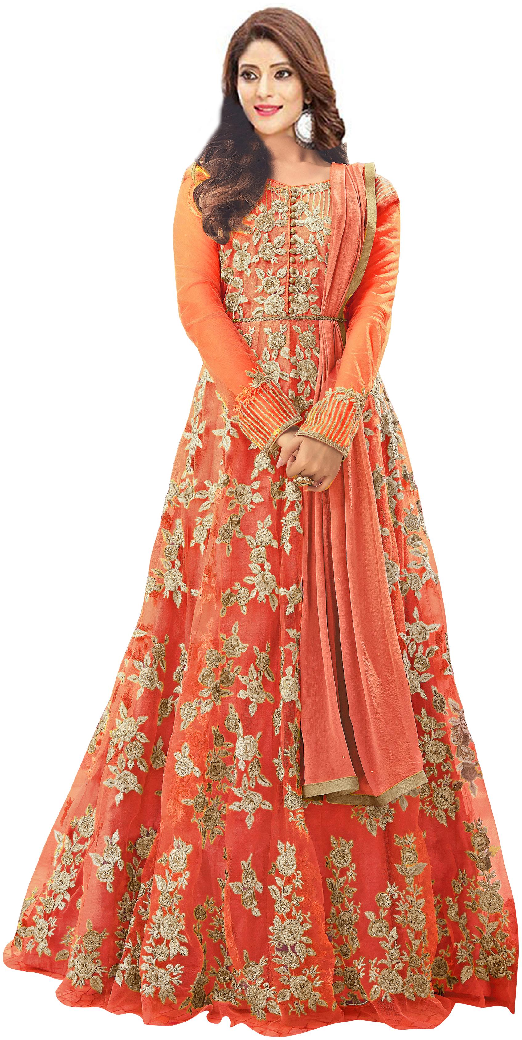 

YOYO Fashion Semi-stitched Net Orange Anarkali Gown