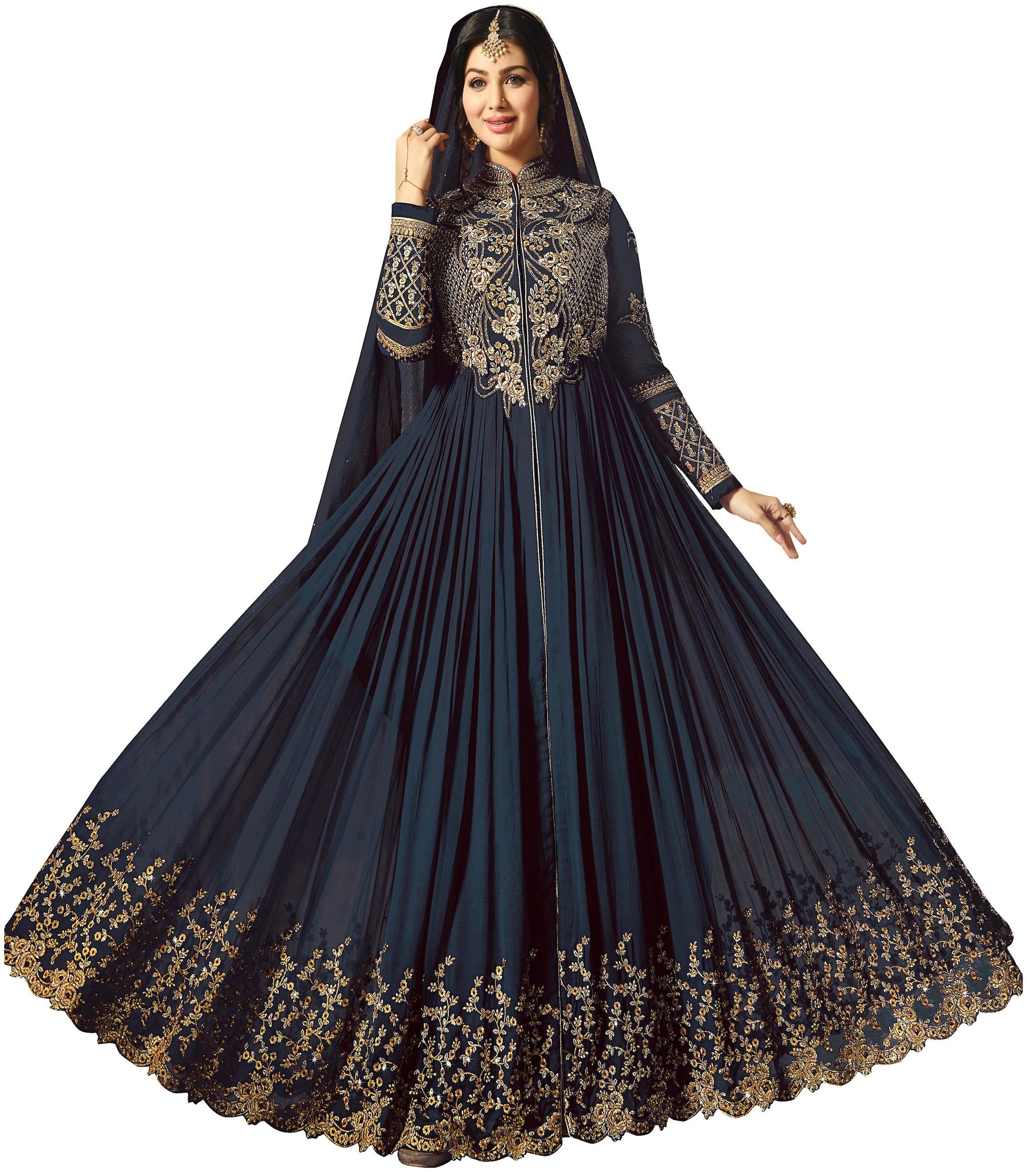 

YOYO Fashion Faux Georgette Blue Embroidered Anarkali Semi-Stitched Salwar Suits With Dupatta