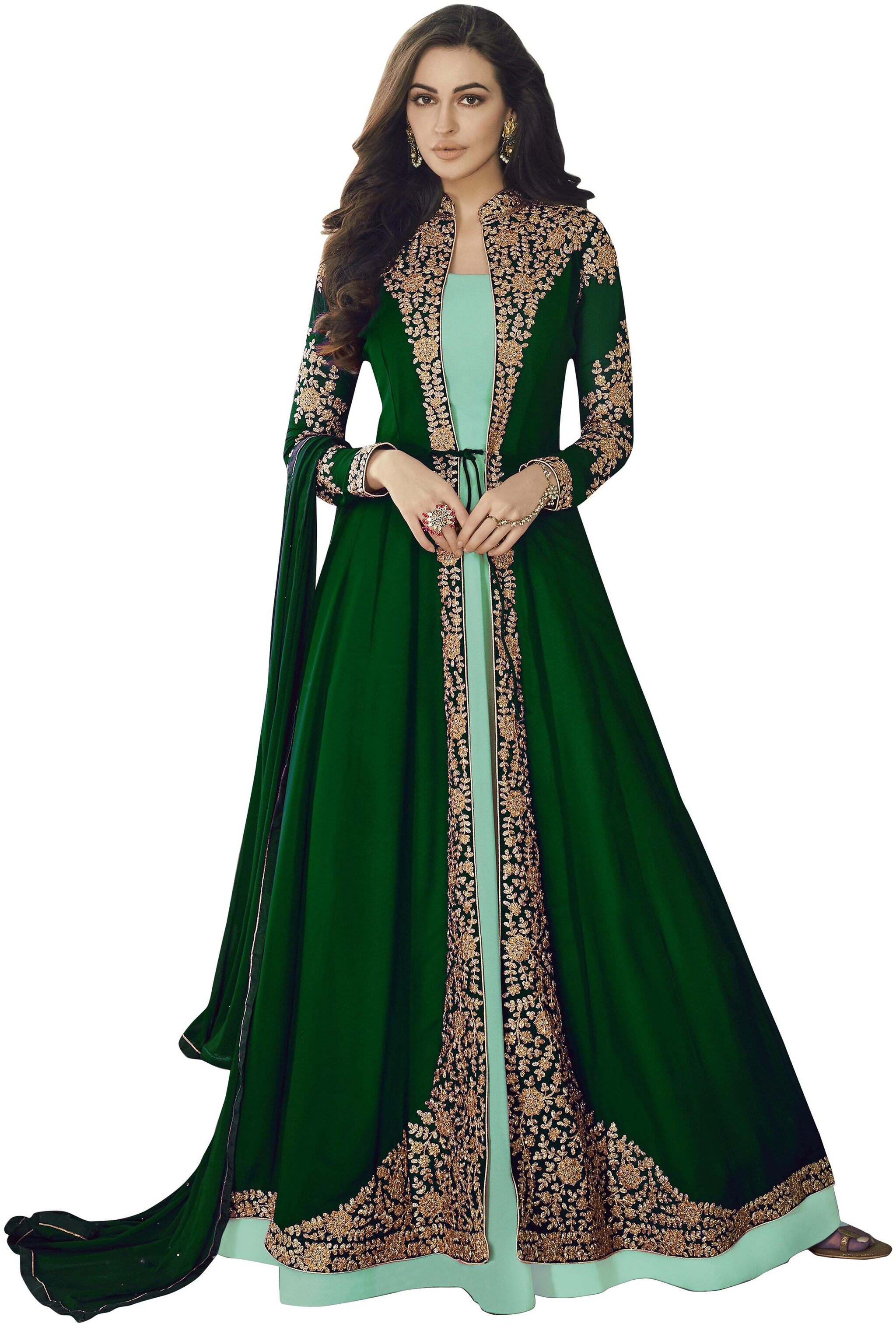 

YOYO Fashion Georgette Embroidered Green Gwon With Duptta
