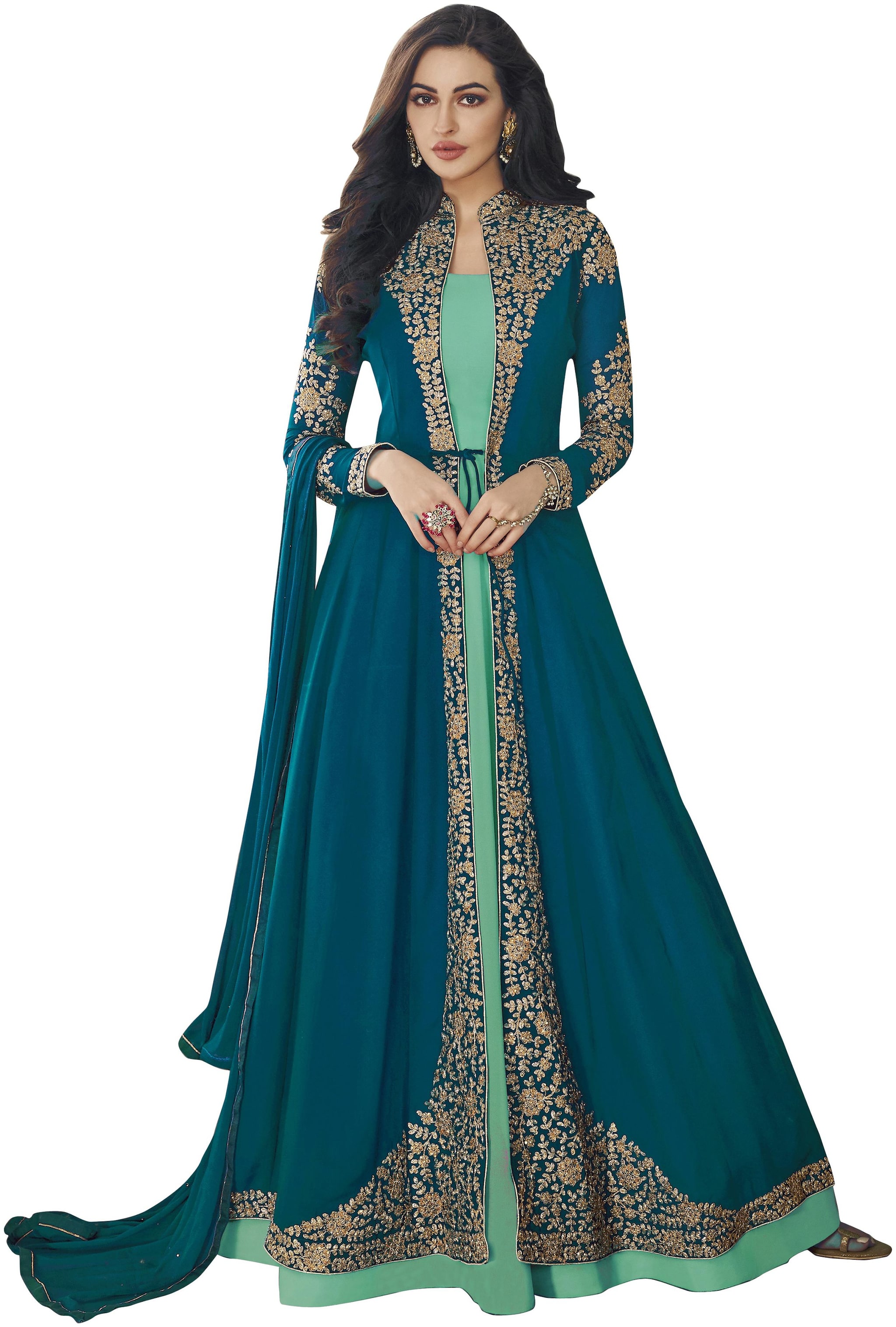 

YOYO Fashion Women Georgette Turquoise Gown With Dupatta