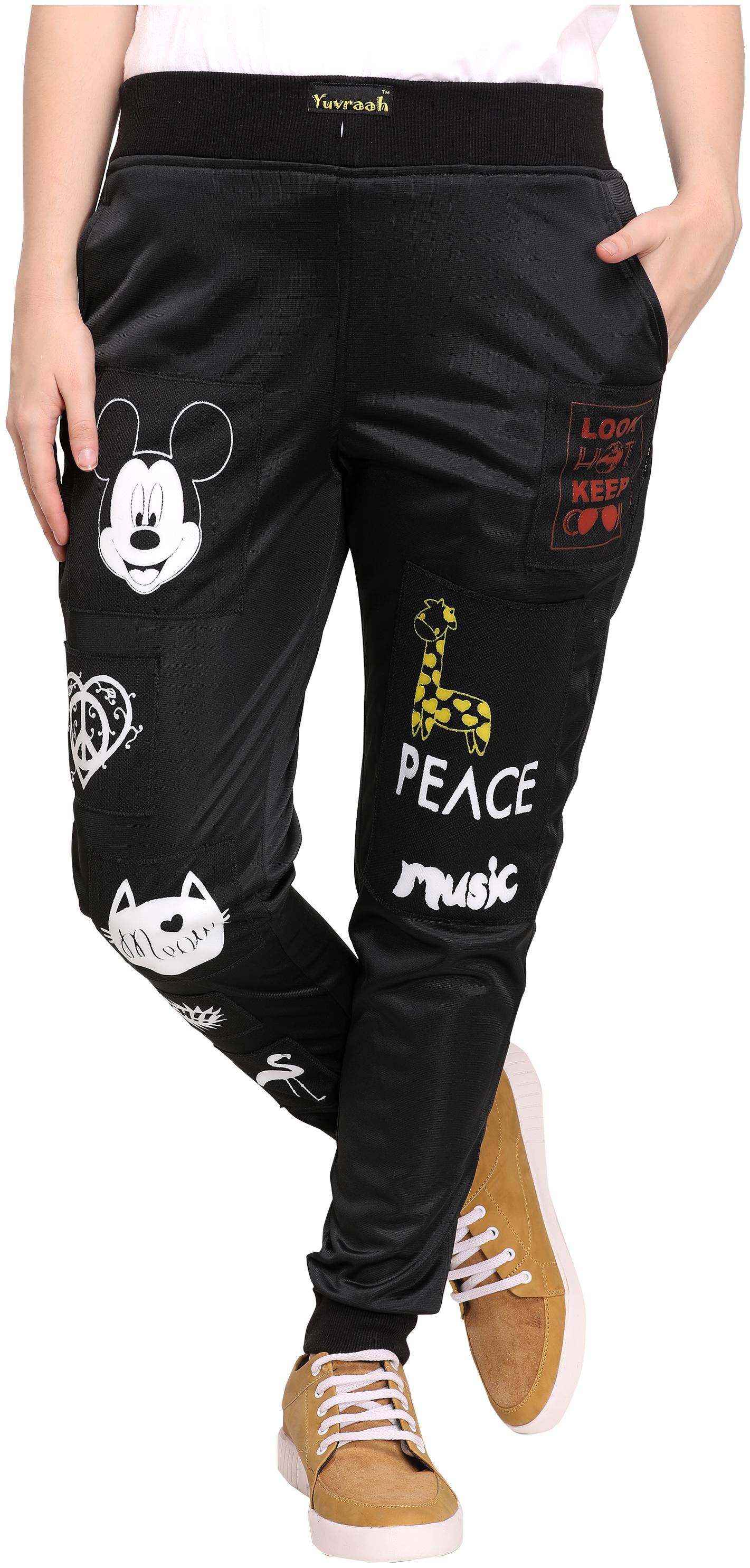 

Yuvraah Women Cotton Blend Printed Black Joggers