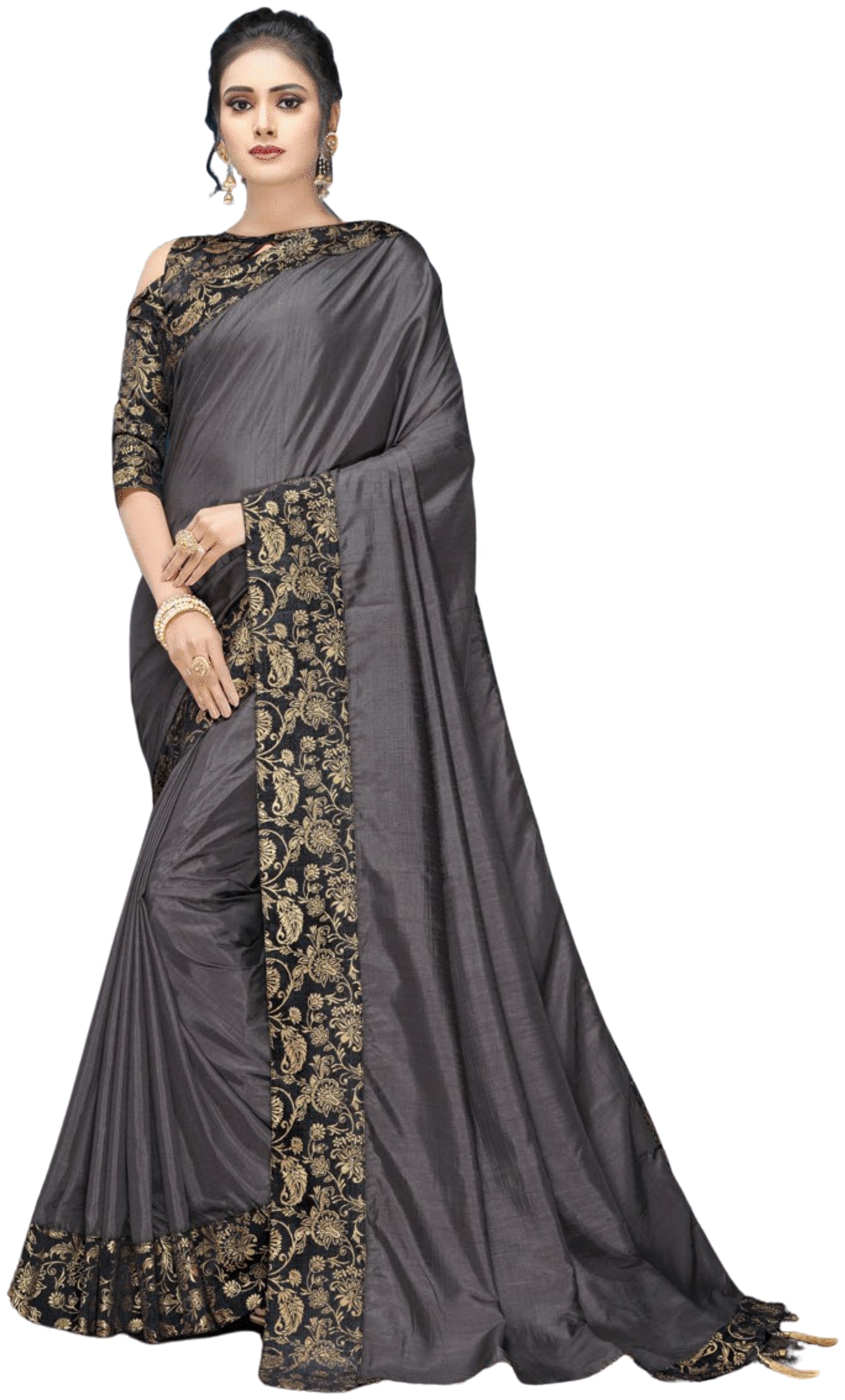 

Zabya Women s Grey Silk Banarsi Border Style Saree