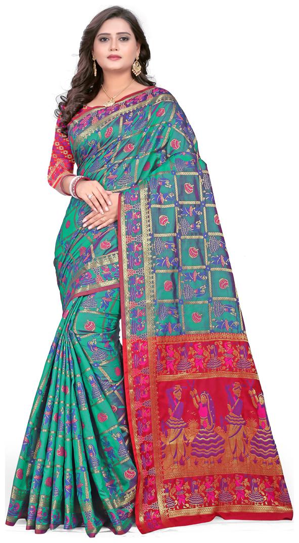 

ZAKHRO Turquoise Checkered Patola Designer Saree With Blouse With blouse