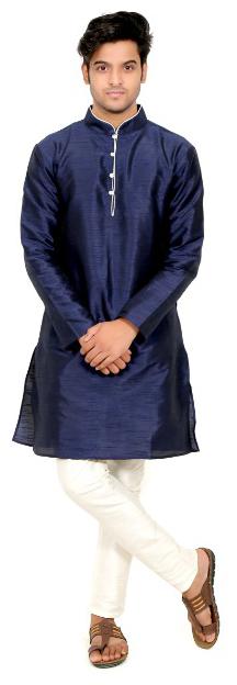

Zazzium Men s Full Sleeve Regular Fit Silk Kurta Churidar Set-Navy Blue-Large