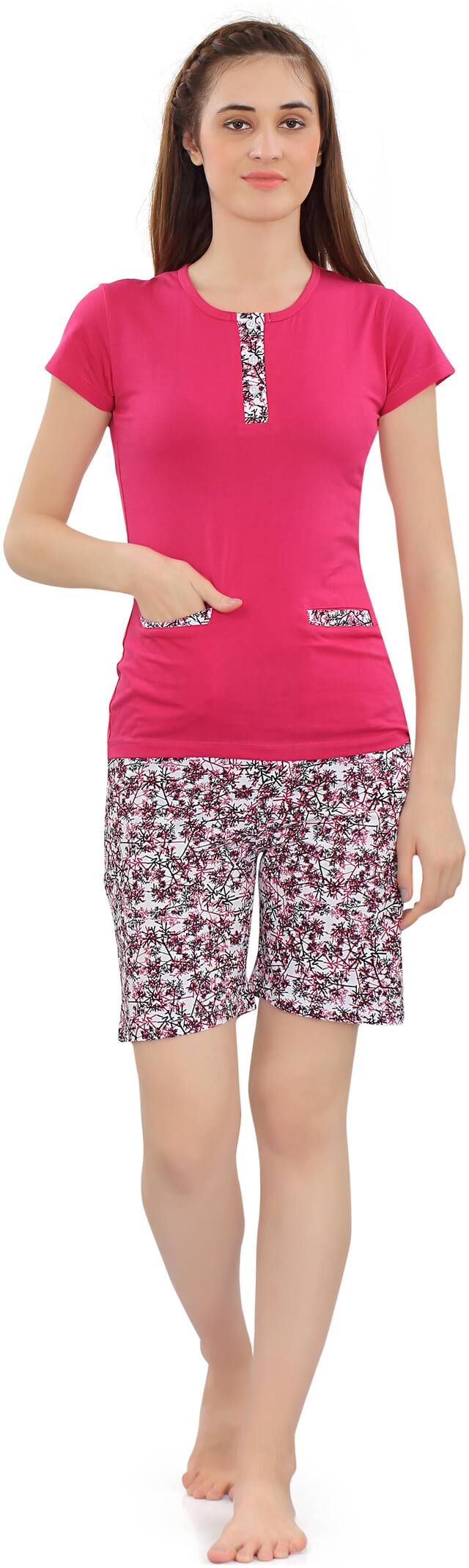 Zebu Women Cotton Printed Top and Shorts Set - Pink