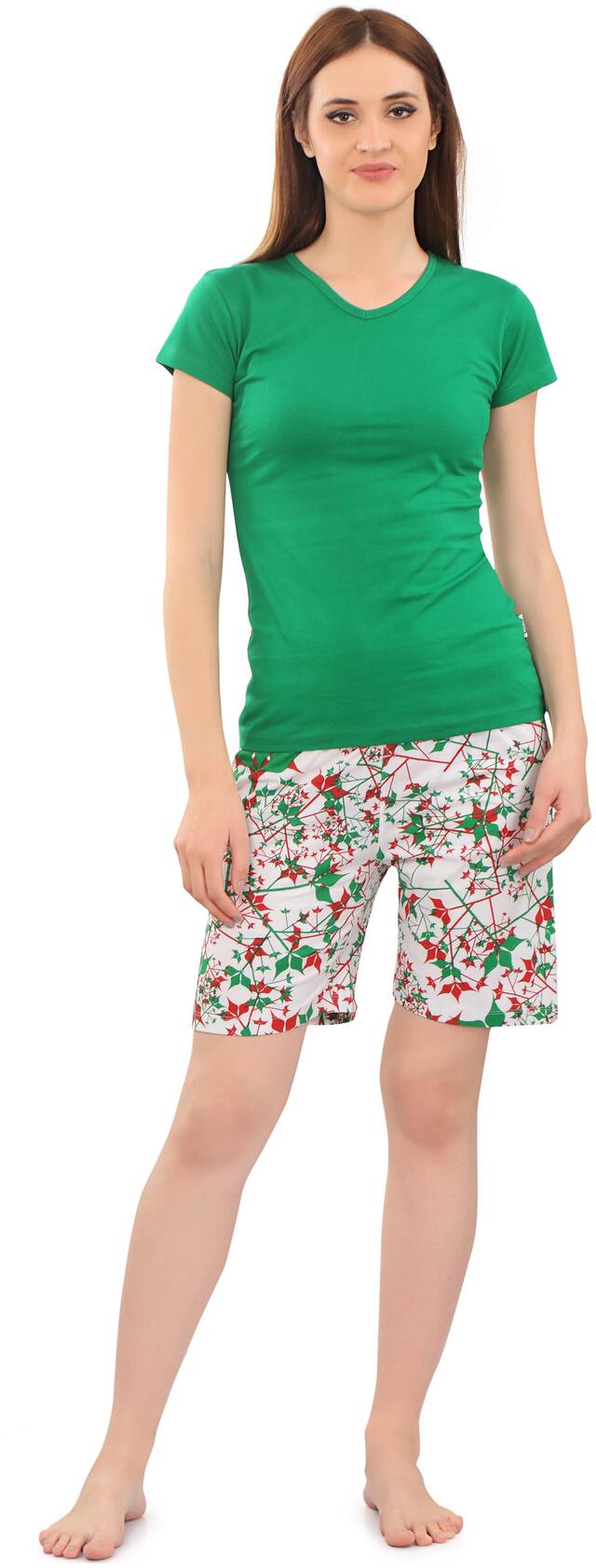 Zebu Women Cotton Printed Top and Shorts Set - Green