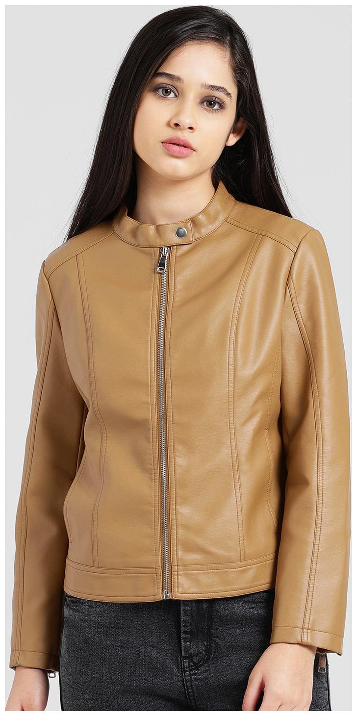 

Zink London Women Solid Biker Jacket - Khaki