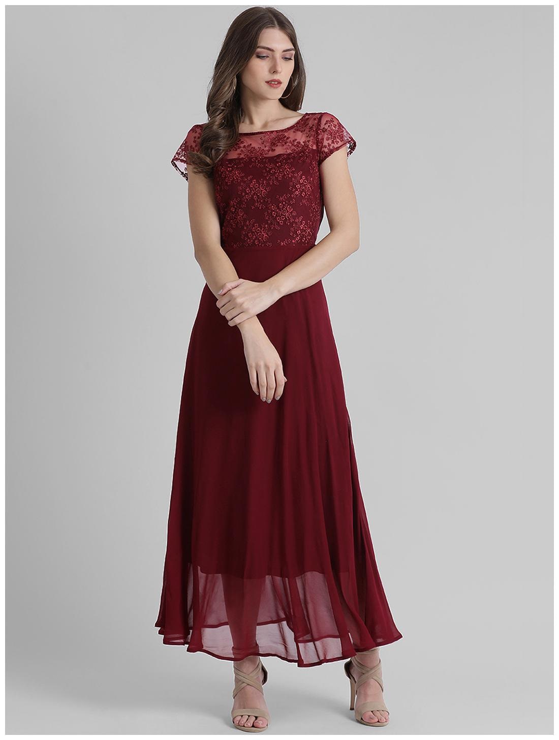 

Zink London Maroon Self design Fit flare dress