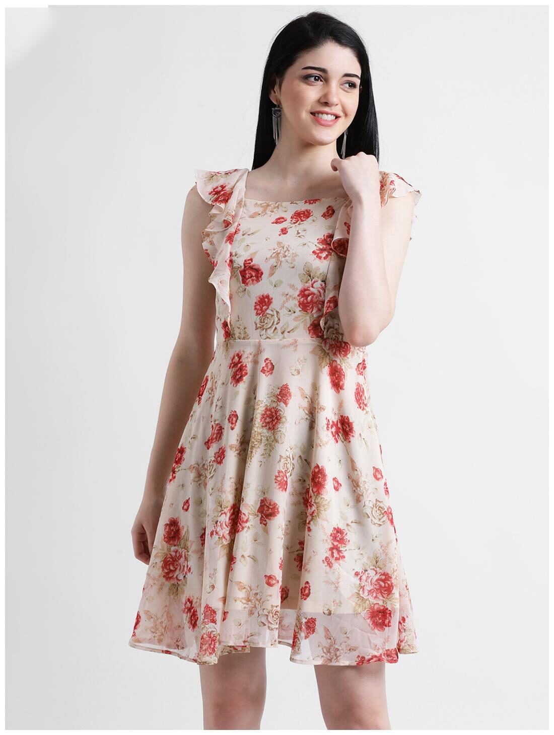 

Zink London Women Beige Floral A-Line Dress