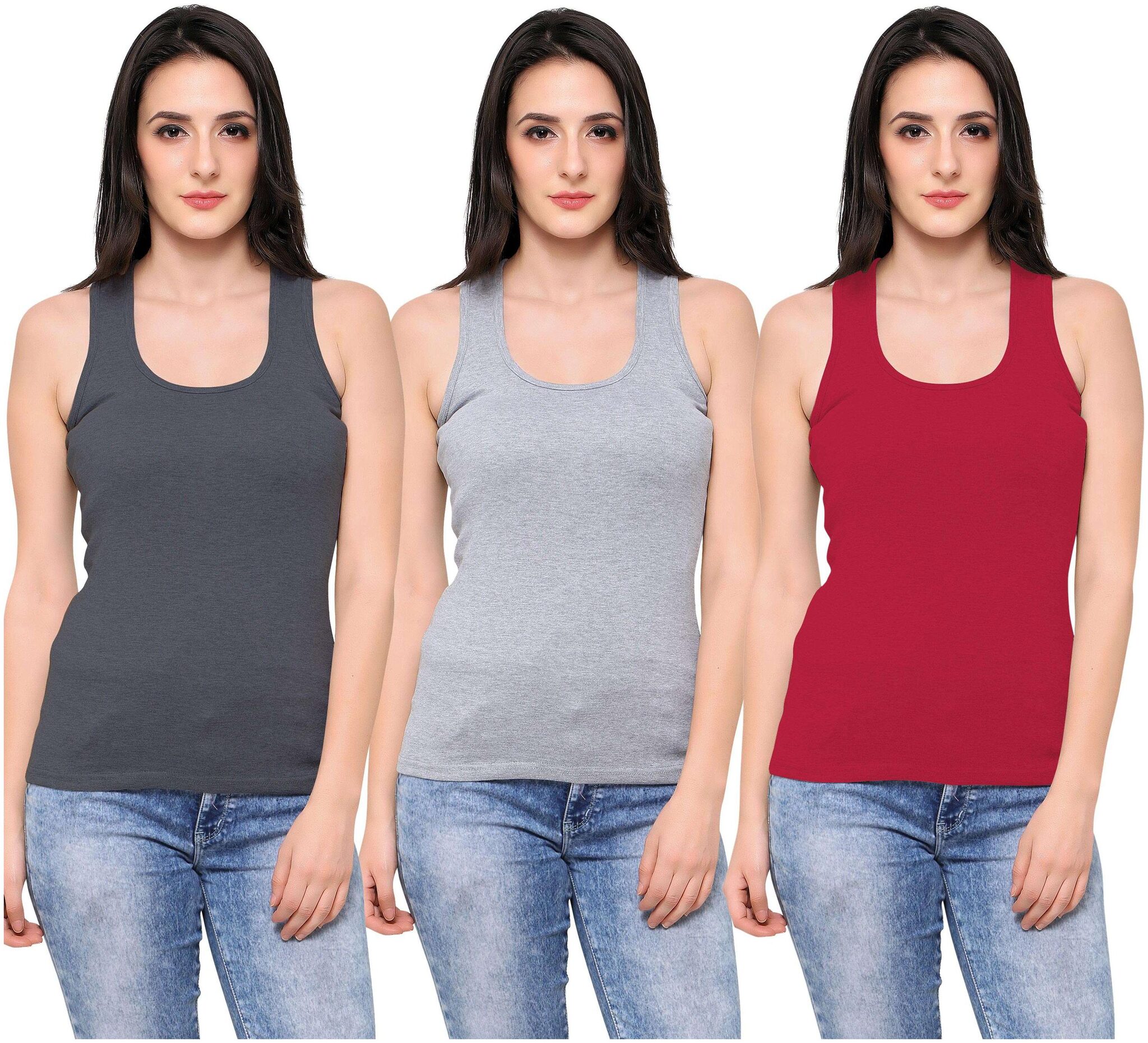 

Ziya Women Grey Red Regular fit Round neck Cotton Tank top
