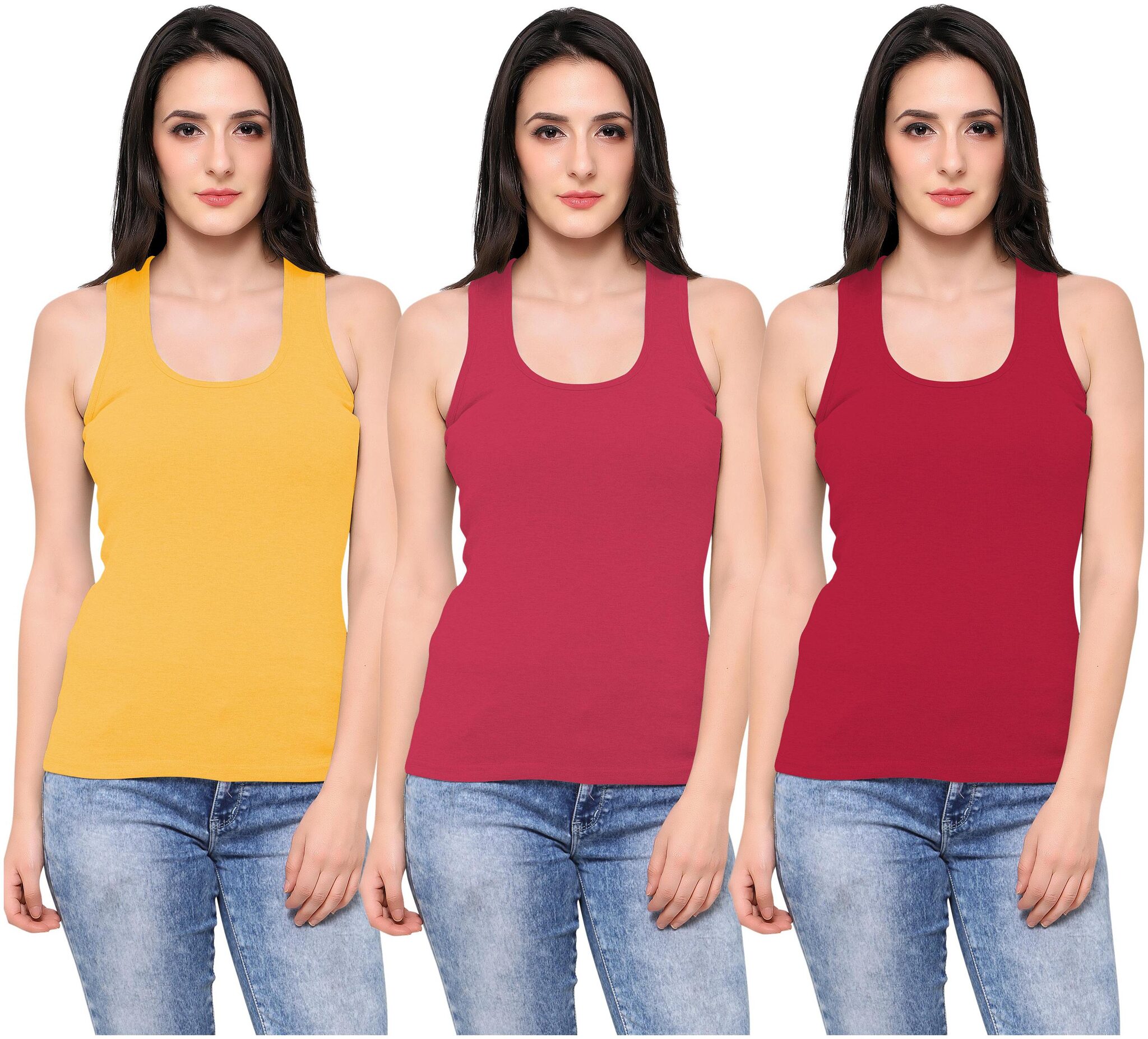 

Ziya Women Yellow Red Regular fit Round neck Cotton Tank top