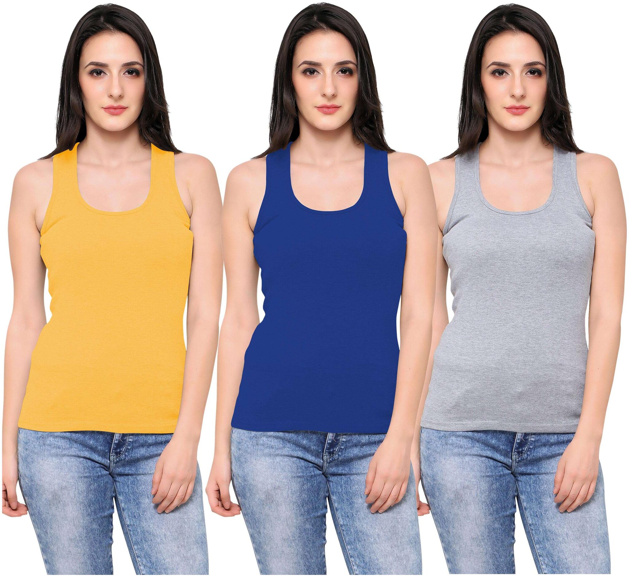 

Ziya Women Yellow Blue Regular fit Round neck Cotton Tank top