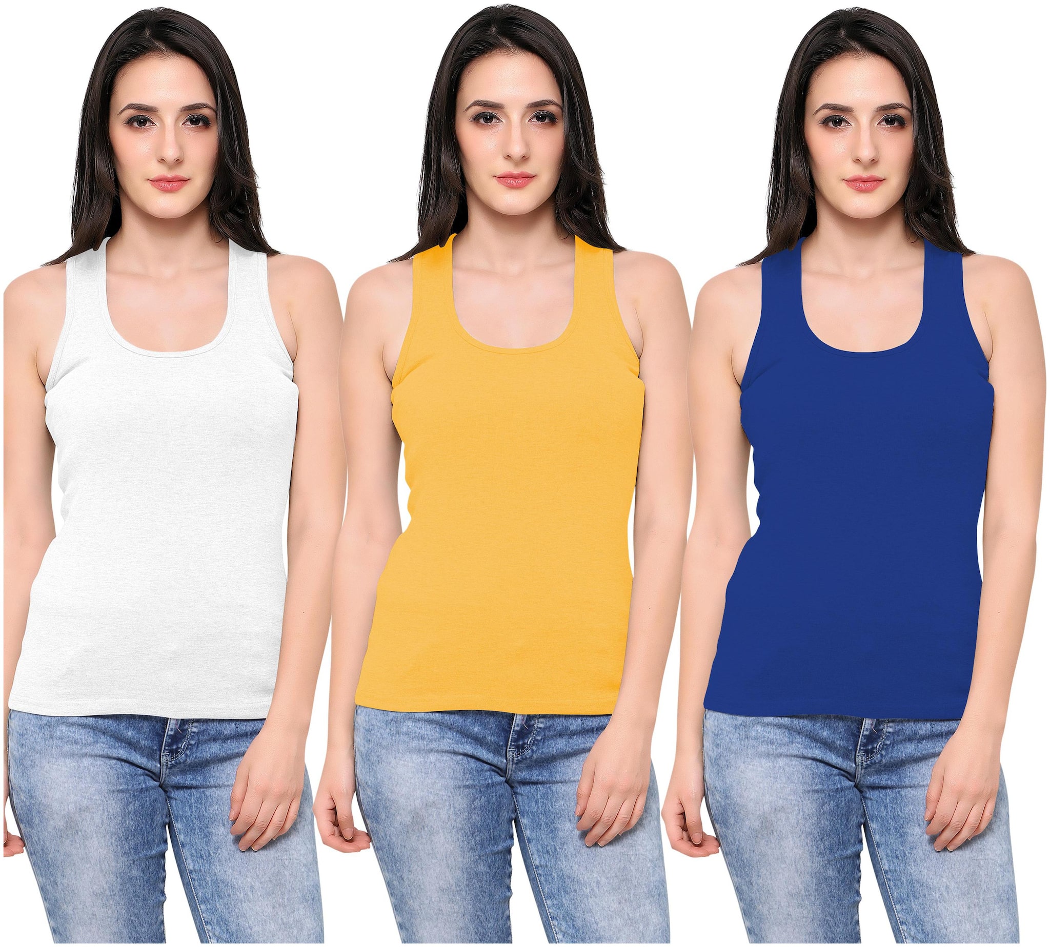 

Ziya Women White Yellow Regular fit Round neck Cotton Tank top