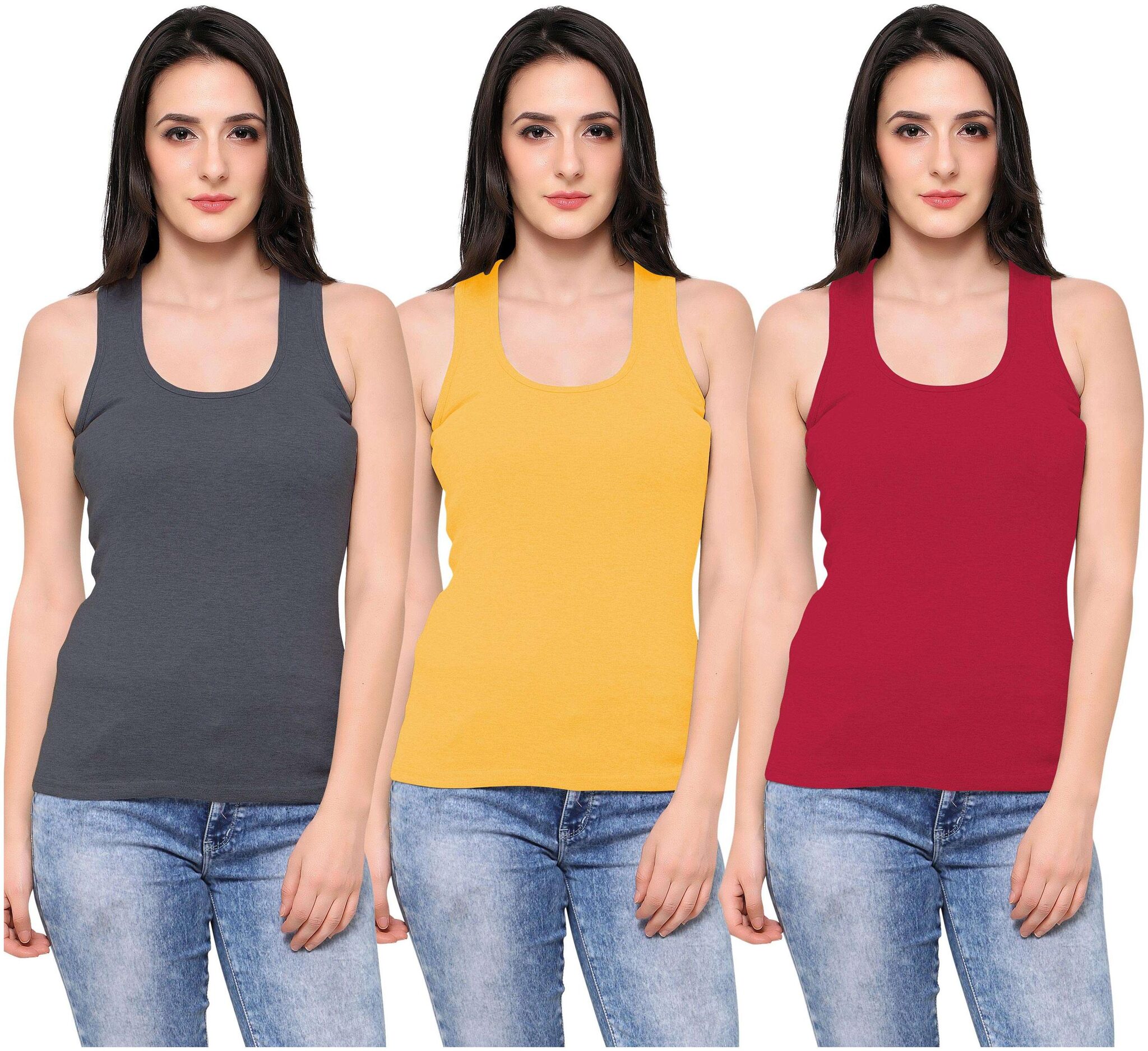 

Ziya Women Grey Yellow Regular fit Round neck Cotton Tank top