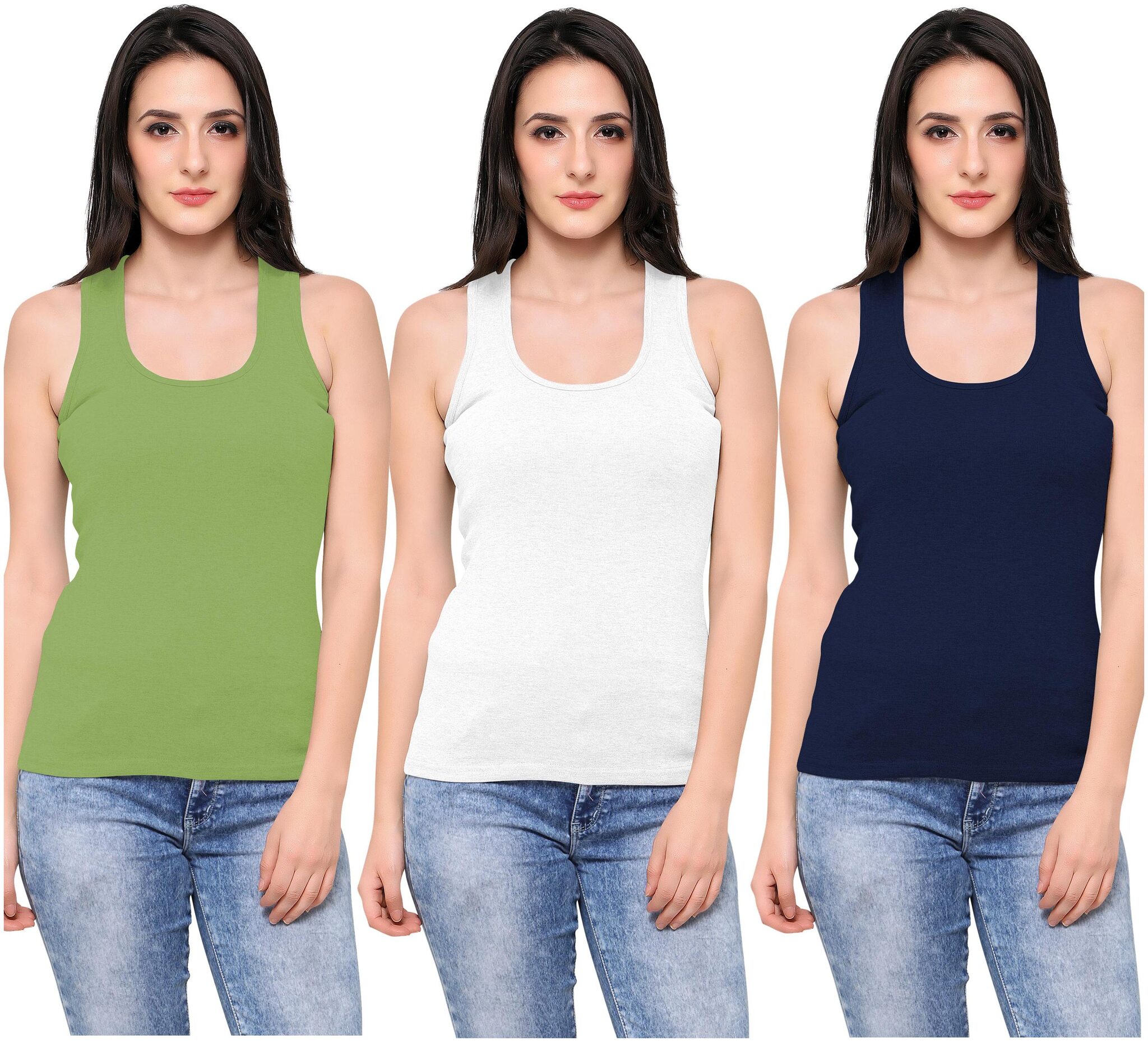 

Ziya Women Green White Regular fit Round neck Cotton Tank top