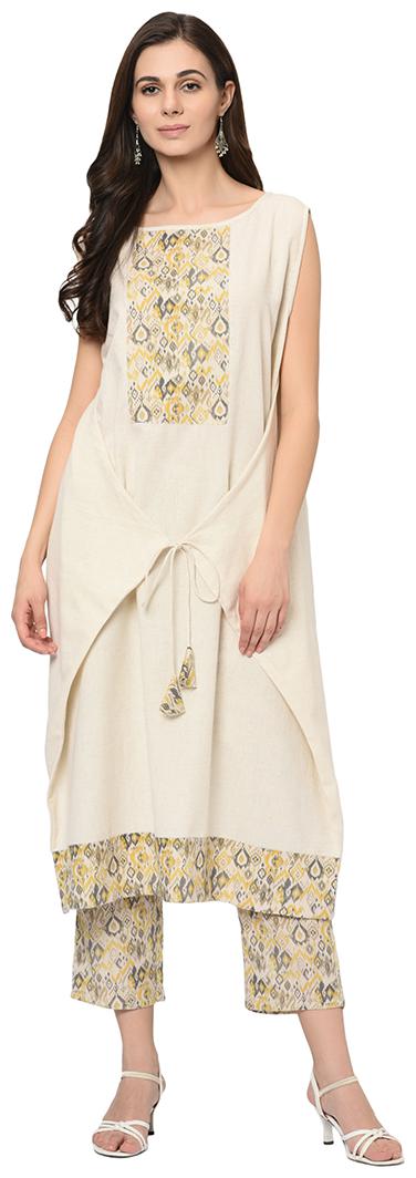 

ZIYAA Cotton Printed Cream Kurta With Pants