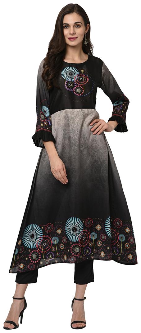 

ZIYAA Polyester Printed Black Kurta With Pants