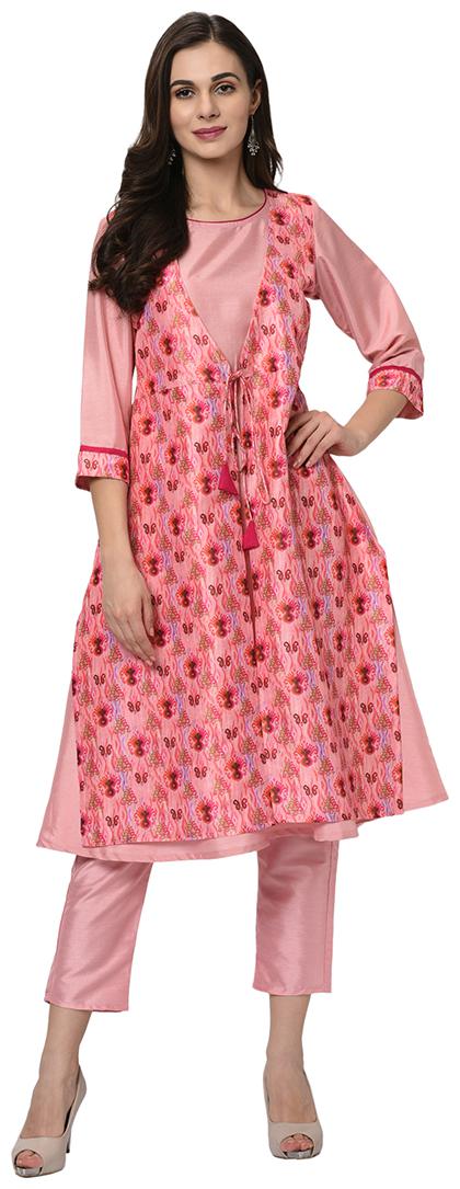 

ZIYAA Polyester Printed Pink Kurta With Pants