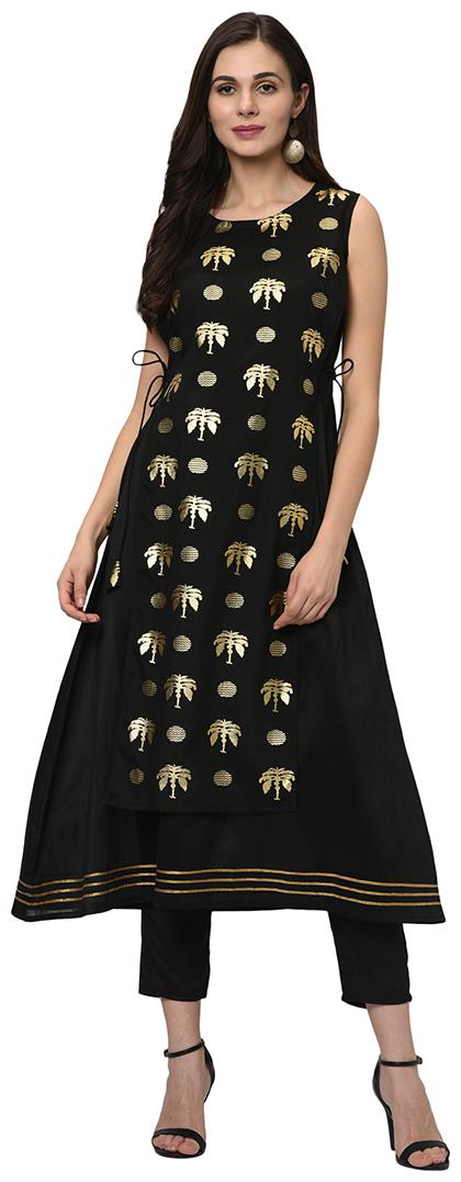 

ZIYAA Polyester Printed Black Kurta With Pants