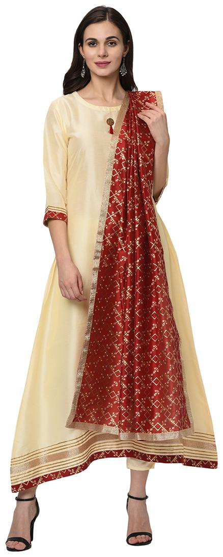

ZIYAA Polyester Festival Suit Set Cream Maroon