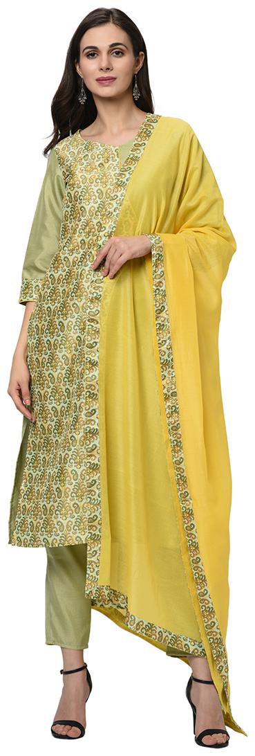 

ZIYAA Women Green Yellow Floral Straight Kurta With Pants And Dupatta
