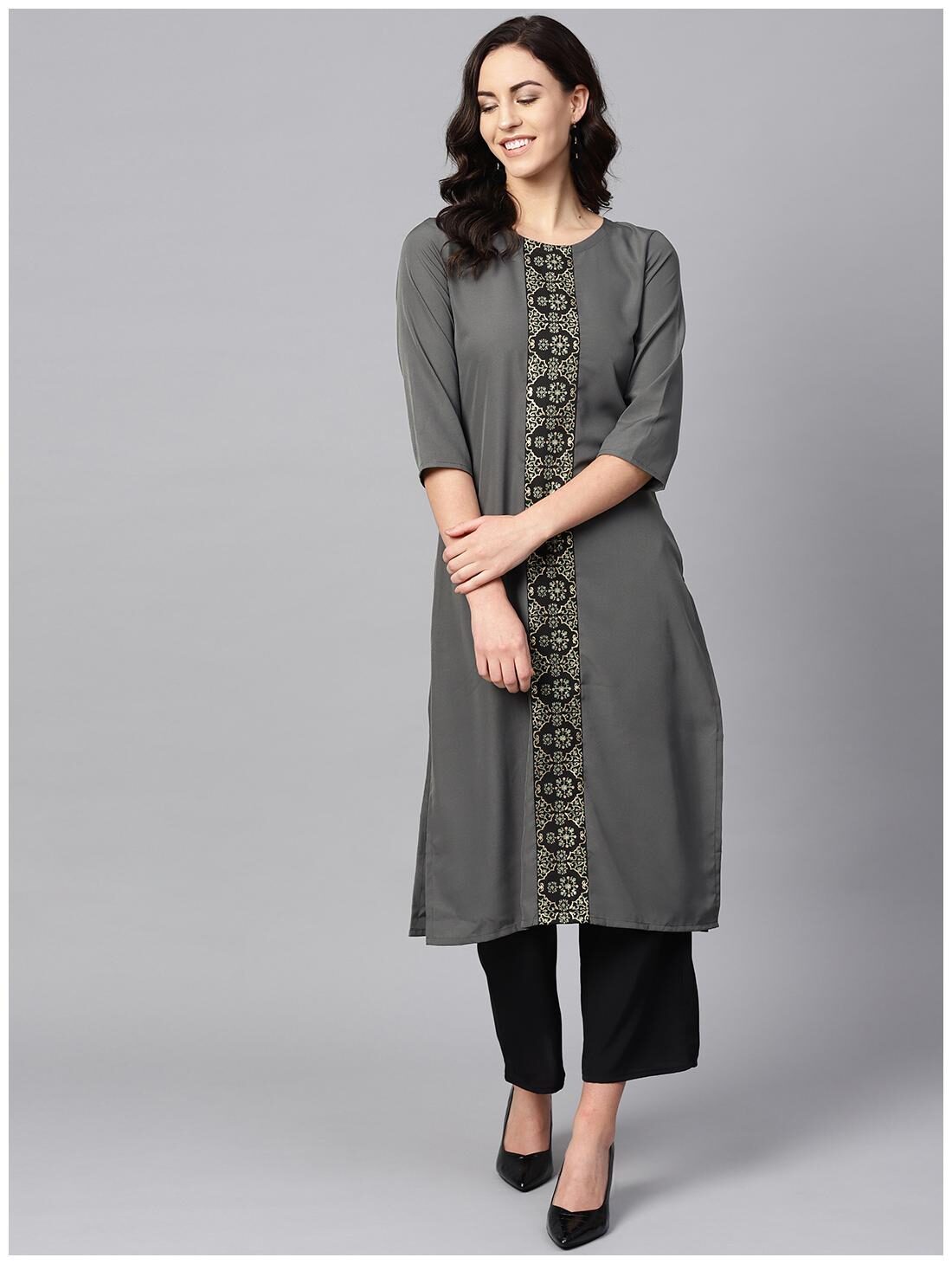 

ZIYAA Women Grey Floral Straight Kurta