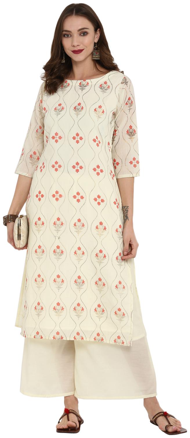 

ZIYAA Women White Floral Straight Kurta