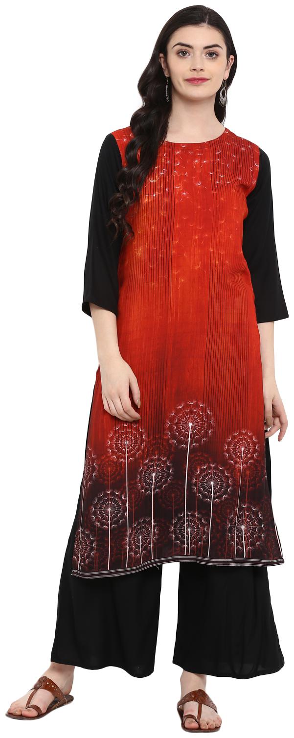 

Ziyaa women Red and black Color Digital Print straight Rayon Kurta Palazzo Set