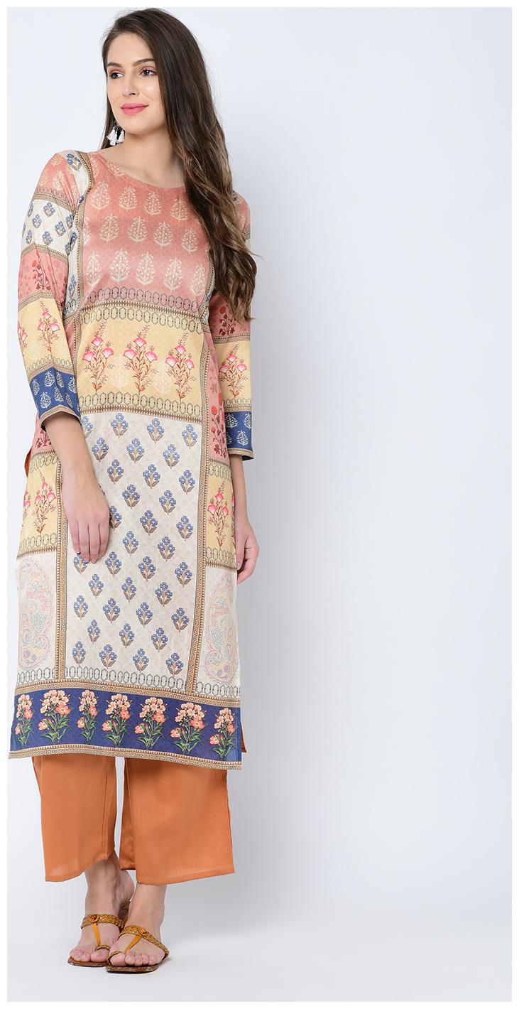 

Ziyaa Women Brown Digital Print Straight Art Silk Kurta Palazzo Set