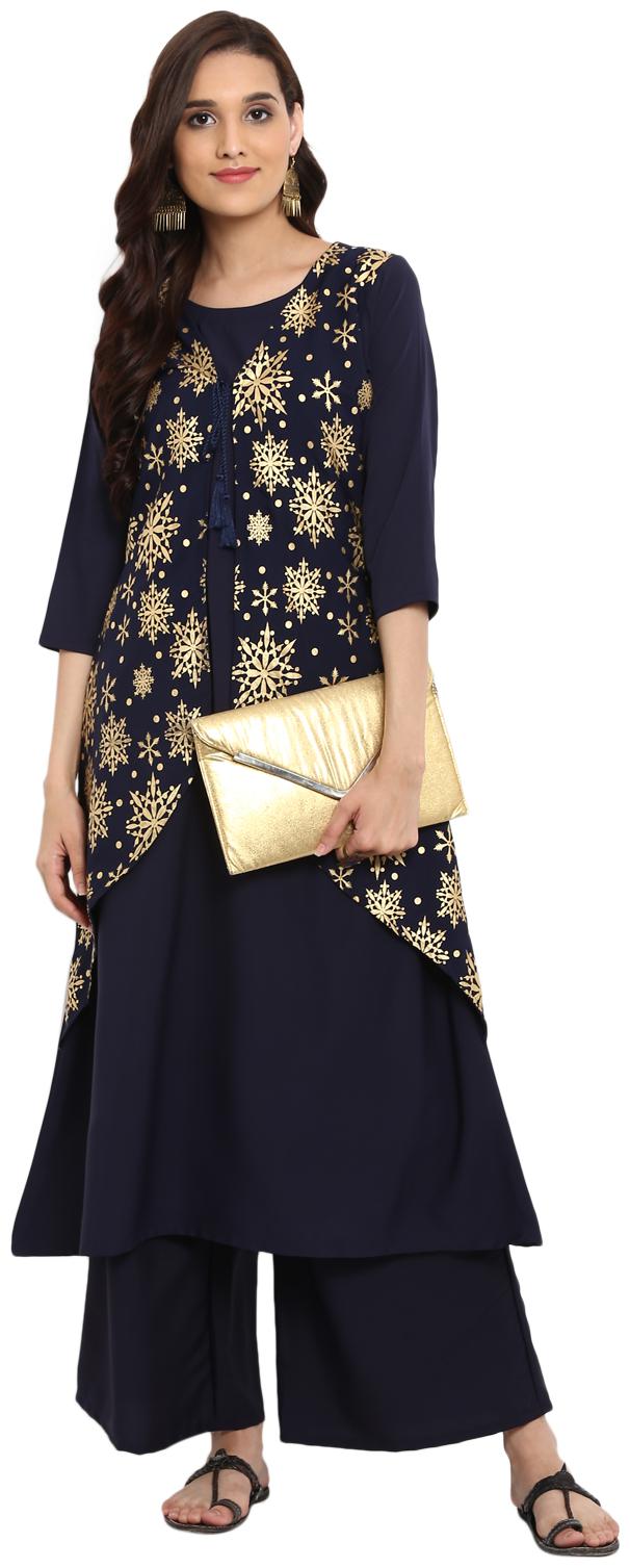 

Ziyaa women Navy Blue color Flared Foil Print Kurta