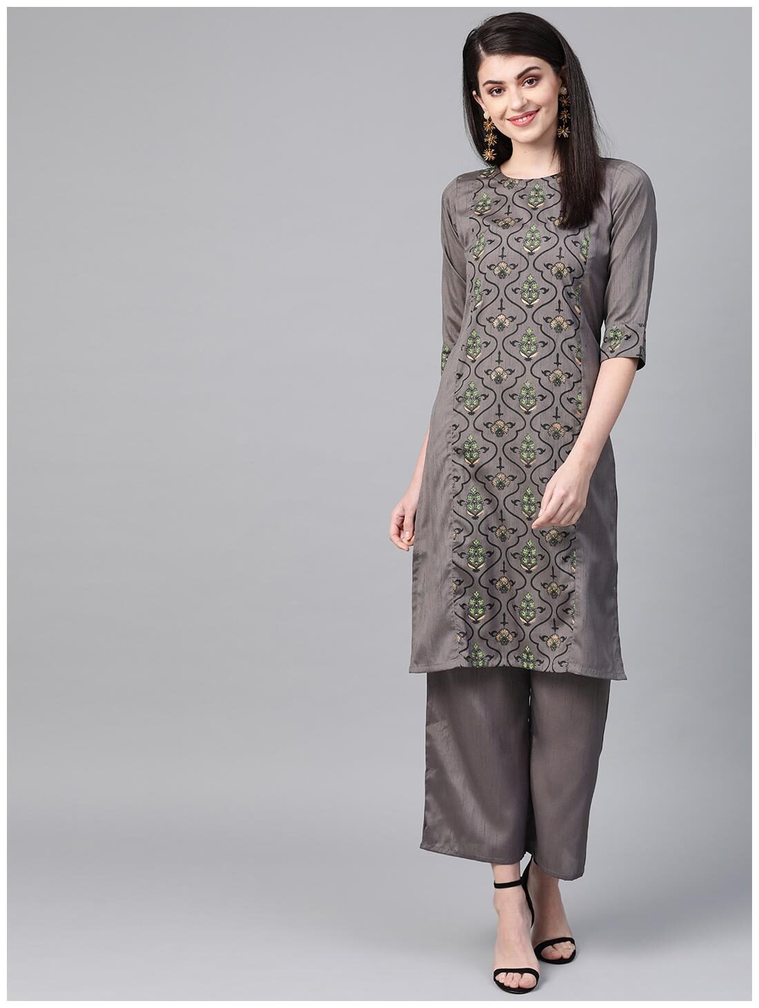 

ZIYAA Women Grey Floral Straight Kurta With Palazzo