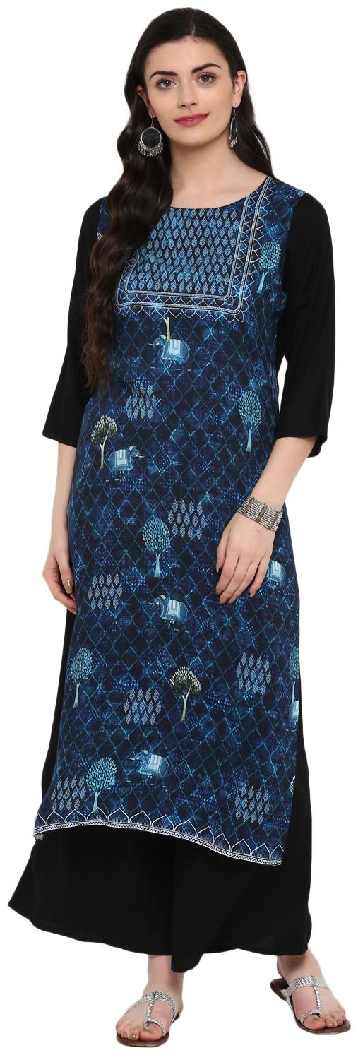 

Ziyaa women Blue and black Color Digital Print straight Rayon Kurta Palazzo Set