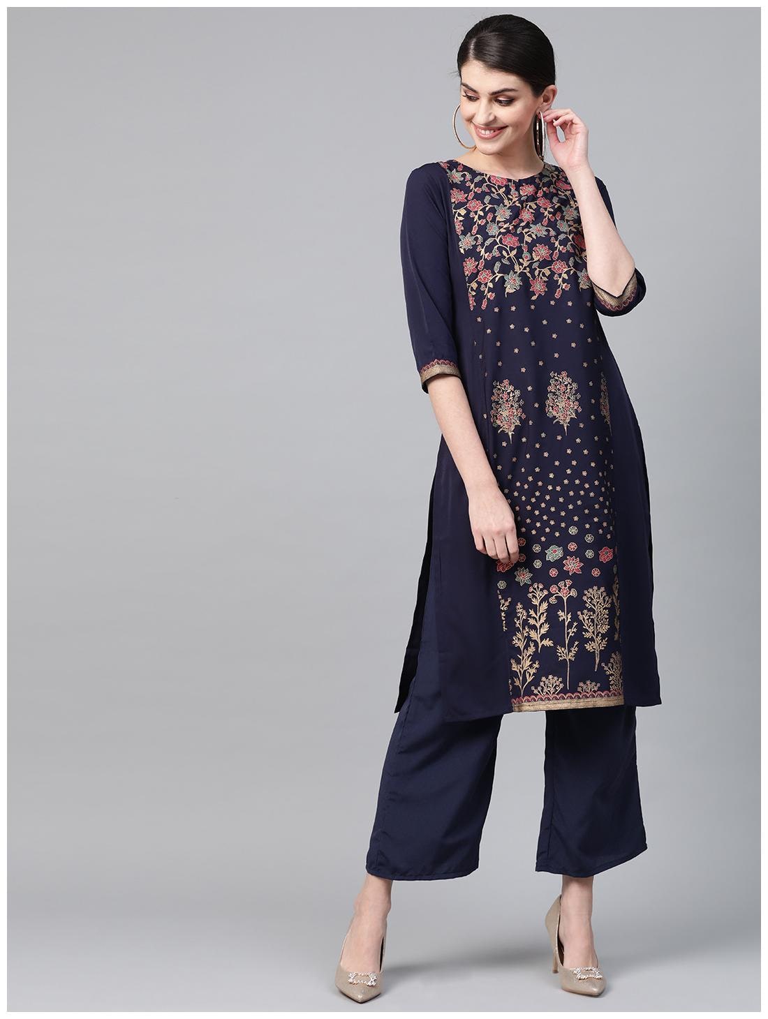 

ZIYAA Women Navy Blue Floral Straight Kurta