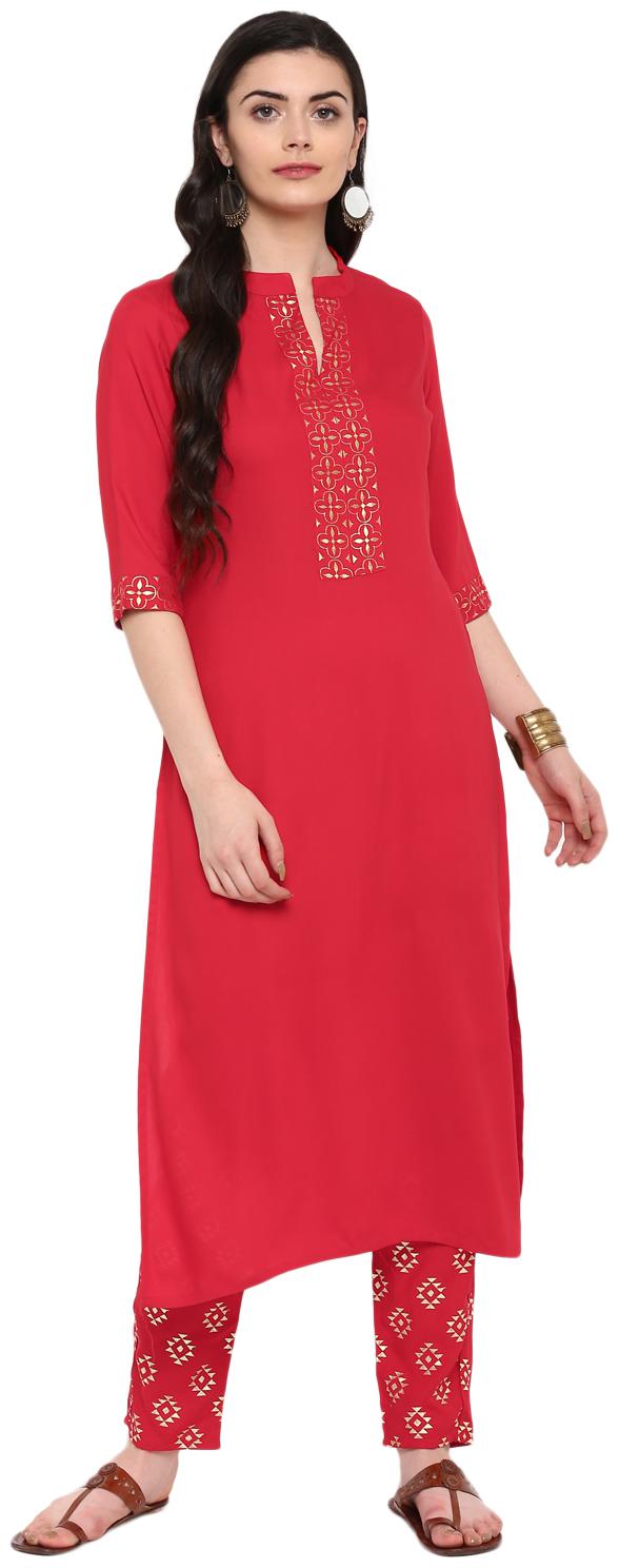 

Ziyaa women Red Color Foil Print straight Rayon Kurta Pant Set