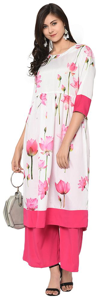 

Ziyaa Women White Color Flared Digital Print Kurta Palazzo Set