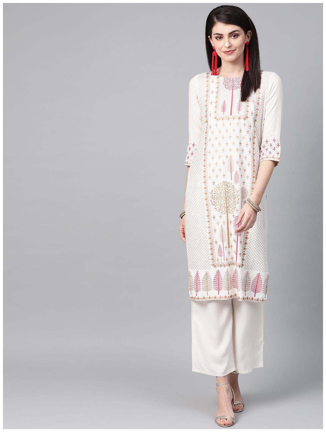 

ZIYAA Women Cream Ethnic Motifs Straight Kurta With Palazzo