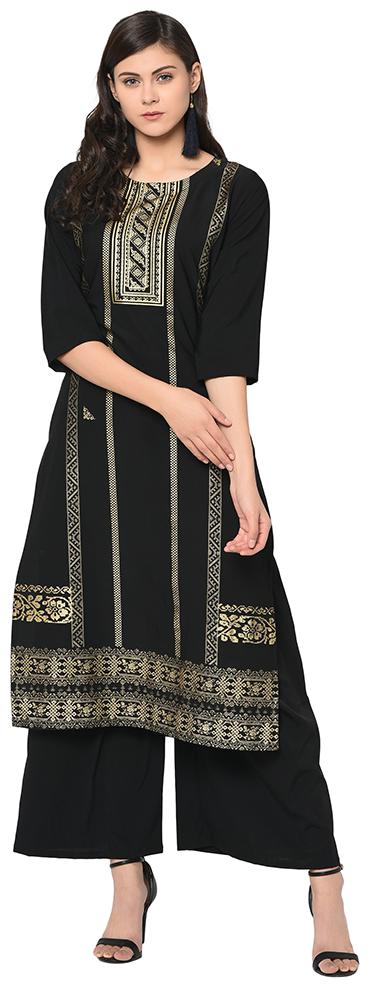 

Ziyaa Women Black Color Straight Foil Print Kurta Palazzo Set