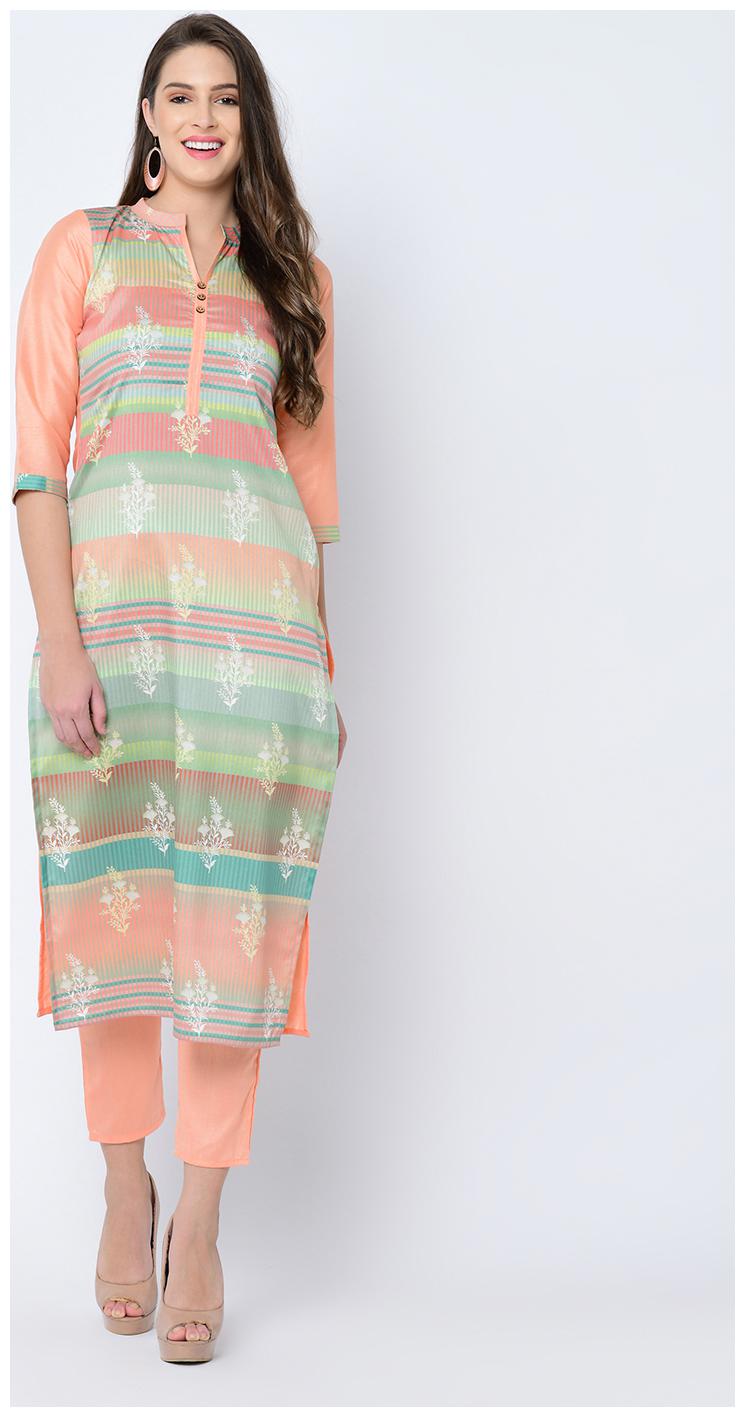 

Ziyaa Women Peach Digital Print Straight Art Silk Kurta Pant Set