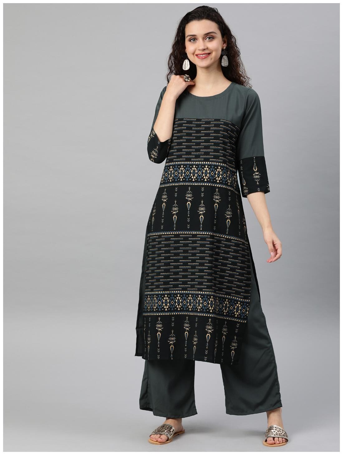 

ZIYAA Women Grey Printed Straight Kurta