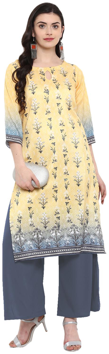 

ZIYAA Women Yellow Grey Floral Straight Kurta