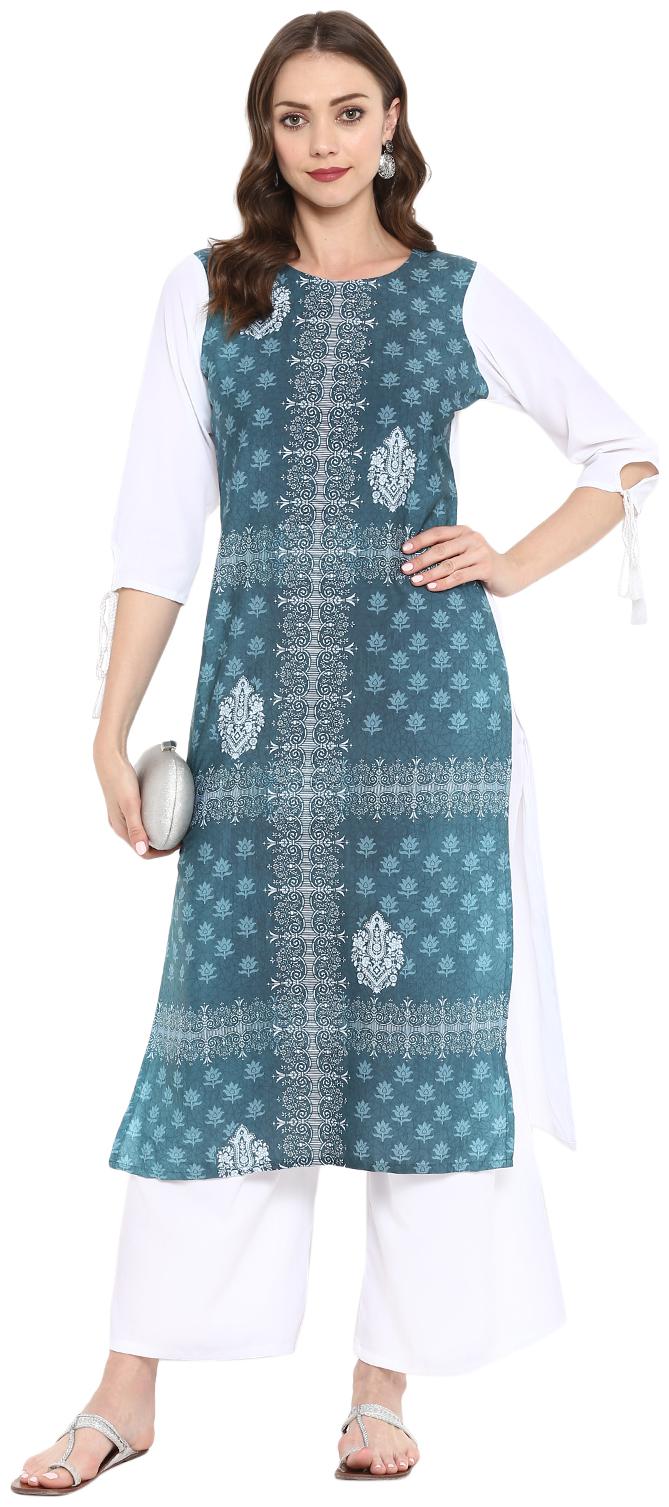 

ZIYAA Women Green White Floral Straight Kurta