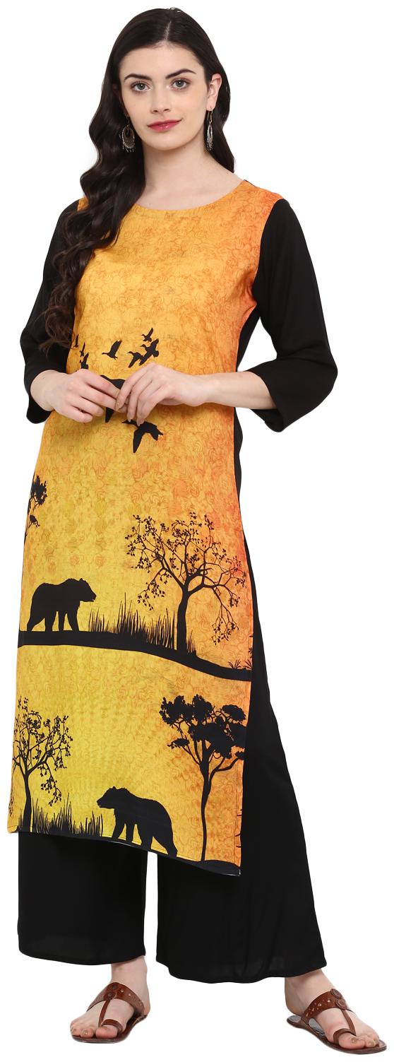 

Ziyaa women Mustard and black Color Digital Print straight Rayon Kurta Palazzo Set