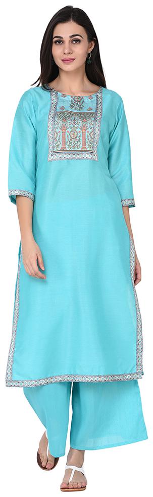 

Ziyaa women Summer Turquoise color Straight Digital Print Kurta Palazzo Set