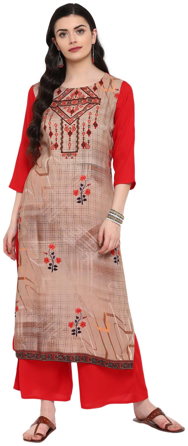 

Ziyaa women Beige and red Color Digital Print straight Rayon Kurta Palazzo Set
