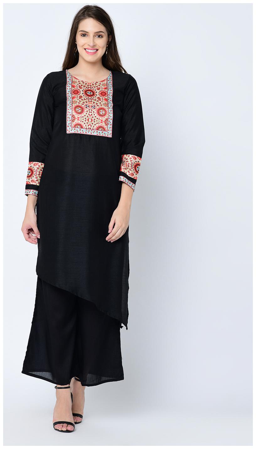 

Ziyaa Women Black Solid Asymmetric Art Silk Kurta Palazzo Set